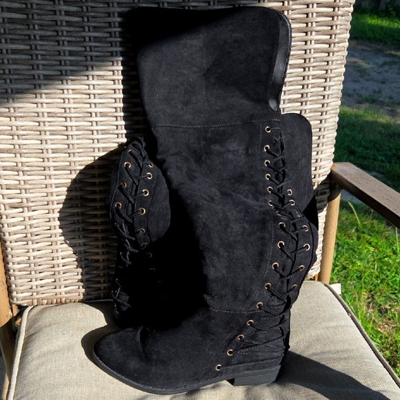 Black Suede Over The Knee Zip Up Boots Size 8.5 - Picture 1 of 9